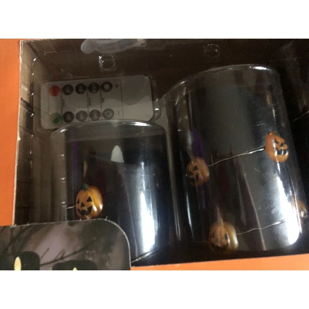 Halloween Flameless Candles Set of 3 Real Wax Remote Blinks Pumpkins Black